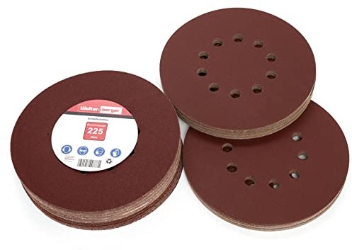 Woltersberger Woltersberger 25 sztuk tarcz szlifierskich,  225 mm, ziarnistość P60, 10 otworów w kolorze czerwonym, papier ścierny, szlifierka do suchej zabudowy, szlifierka z długim ramieniem, żyrafa szlifierska WOB0292-025_A