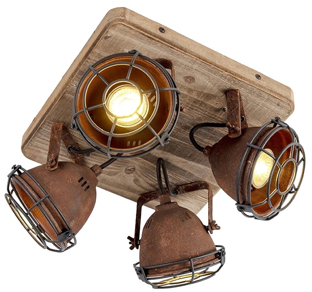 QAZQA Industrialny spot regulowany rdza drewno 4-źródła światła - Gina