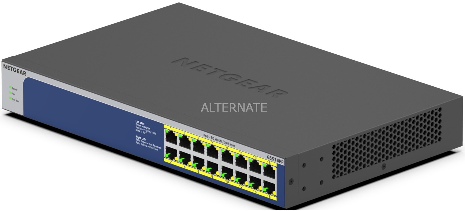 Netgear GS516PP Nie zarz$28dzany Gigabit Ethernet (10/100/1000) Niebieski, Szary Obs$29uga PoE, Prze$30$31cznik