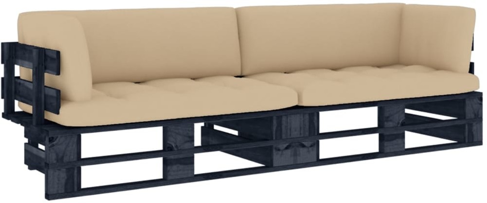 vidaXL Sofa 2-osobowa z palet, z poduszkami, czarna, drewno sosnowe