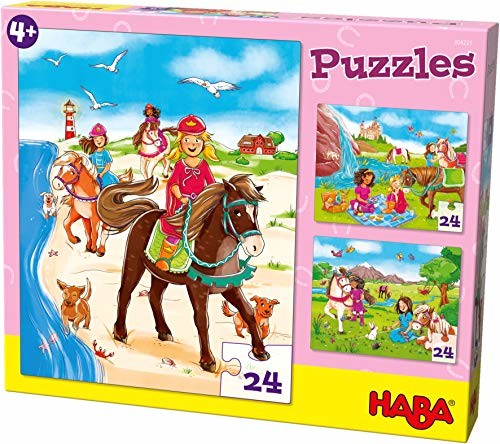 Haba 304221 - puzzle dla dziewczynek z końmi, 3 puzzle z 24 częściami każdy; 3 różne motywy koni i jeździeckich, zabawa puzzli od 4 lat