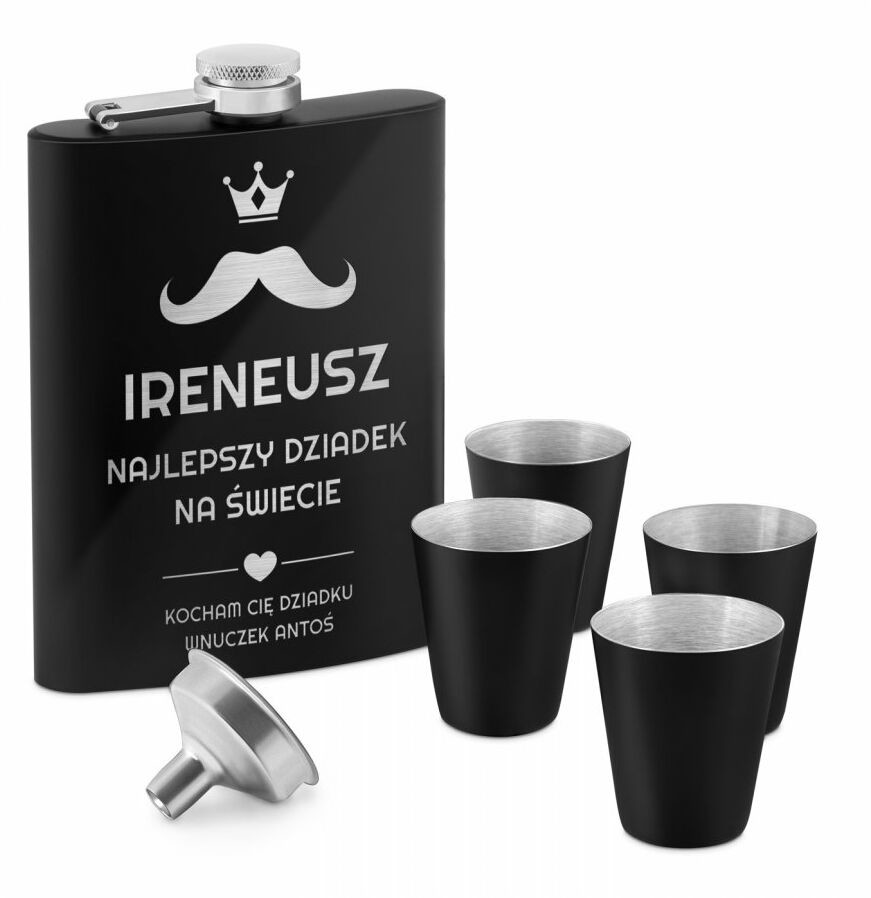 Murrano Piersiówka czarna z 4 kieliszkami i grawerem dla dziadka na Dzień D PIER-BK-023