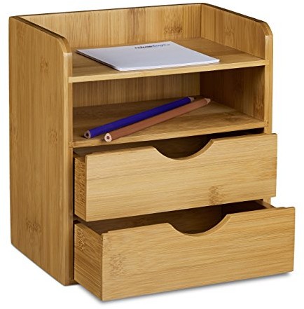 Relaxdays organizer na biurko,21 x 20 x 13 cm (dł. x szer. x wys.), z bambusa, 2 półki i 2 szuflady, jako półka na listy do biura, kolor naturalny 10020323