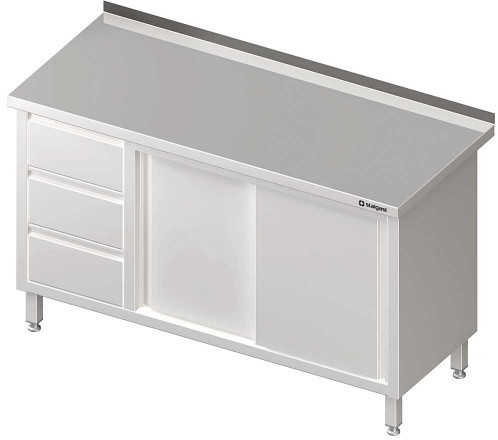 Stalgast Stół przyścienny z blokiem trzech szuflad L) drzwi suwane 1400x700x850 mm 980467140