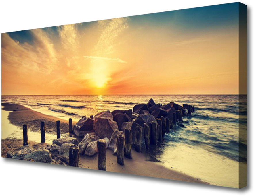 PL Tulup Obraz Canvas Plaża Falochron Morze Zachód 140x70cm