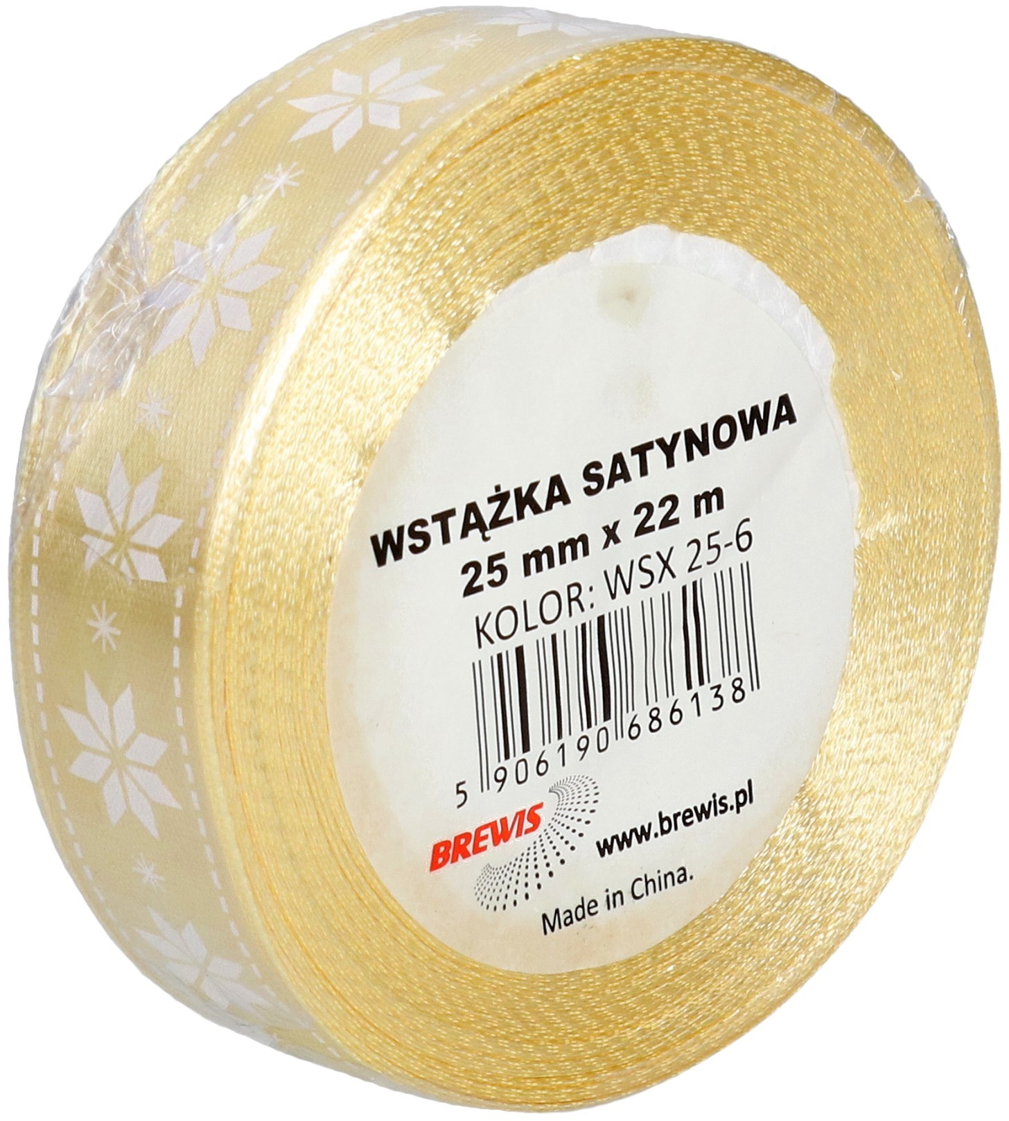BREWIS Wstążka satynowa 25mmx22m śnieżynki biało/beżowe Brewis