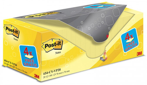 POST-IT-3M Bloczek samoprzylepny POST-IT 654CY-VP20) 76x76 mm 20+4)x100 kart żółte 4 bloczki GRATIS