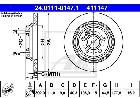 ATE TARCZA HAM 24.0111-0147.1 VOLVO S60 II 2.0T 203KM 10-, S60 II D3 136KM 12- TYŁ  24.0111-0147.1