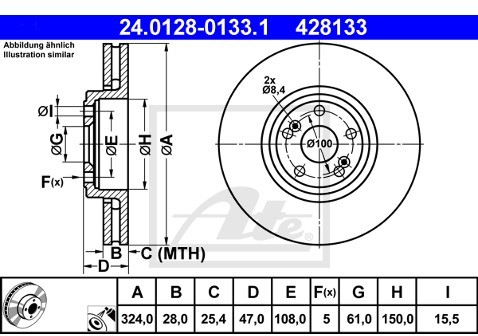 ATE TARCZA HAM 24.0128-0133.1 RENAULT VEL SATIS 2.0T 16V, 2.2DCI, 3.0DCI, 3.5 V6 02-  24.0128-0133.1
