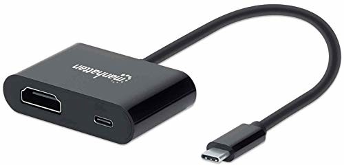 Manhattan USB-C na USB-C (z zasilaniem) i kabel HDMI, 4K, 19,5 cm, męski do żeńskich, 4 K-60 Hz, zasilanie do 60 W, 20 V/3 A, kompatybilny z Thunderbolt 3, czarny, pudełko 153416