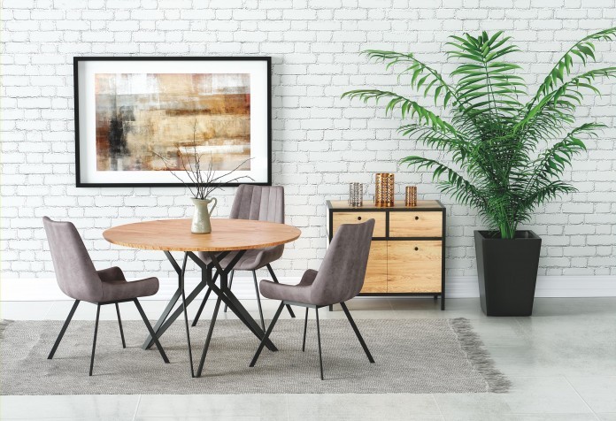 Halmar Stół okrągły PIXEL 2 120 cm, blat dąb złoty, metalowy czarny stelaż
