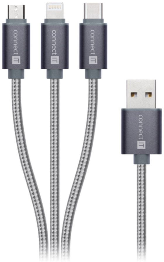 Connect IT przewód 3w1 ze złączami USB C & Micro USB & Lightning) Wirez srebrno szary 1,2 m