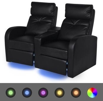 GSTORE Fotele kinowe 2 osobowe czarna sztuczna skóra z podświetleniem LED GS-243598