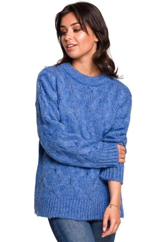 SukienkiShop Sweter damski wełniany luźny fason ciepły puszysty niebieski - SukienkiShop