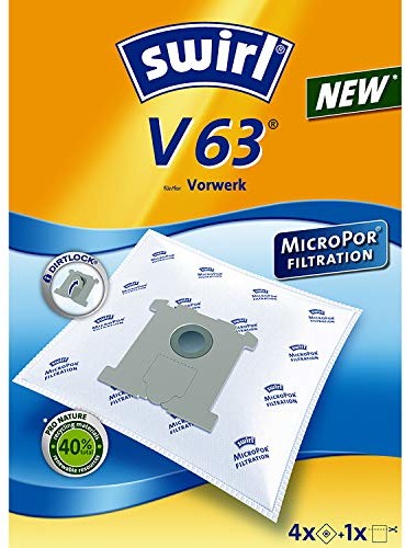 Swirl V63 worki do odkurzaczy Vorwerk są stabilne i chłonne, zamykane płyty mocujące, 4 worki, 1 filtr) V 63