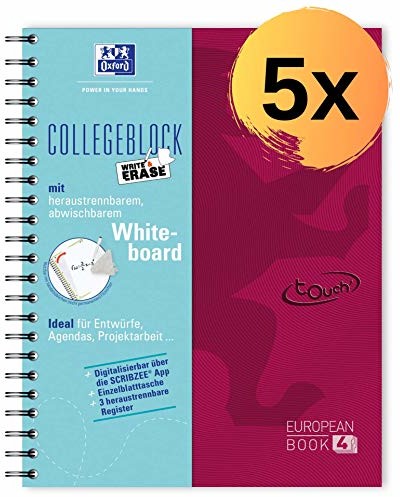 OXFORD 400132984 Europeanbook A4 w kratkę 5 szt. papier 90 g notatnik z wymienną tablicą suchościeralną dla maksymalnej wydajności i przestawianych przekładek kolor okładki jagodowy 400132984