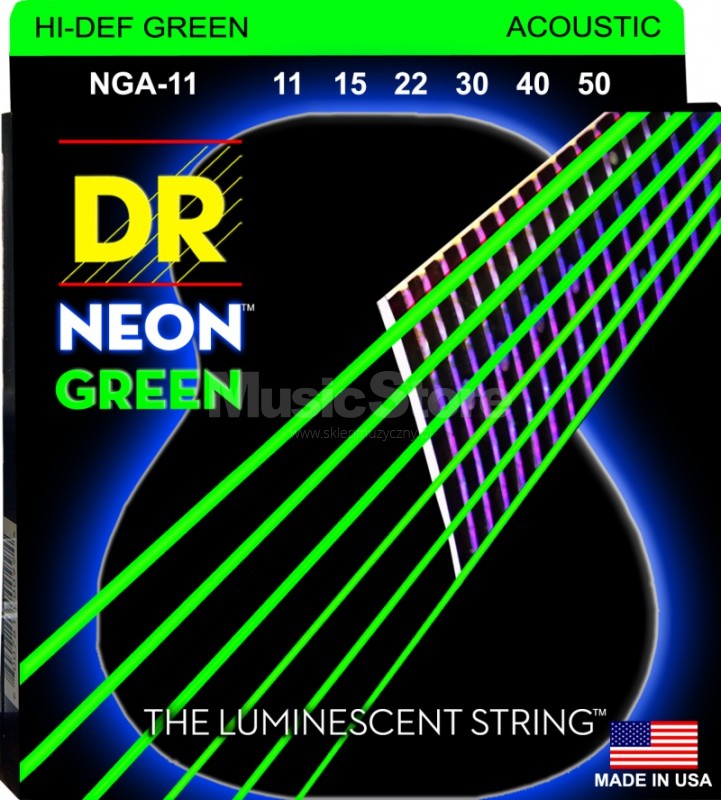 DR Strings neon Hi-Def Green - nga-11 - Acoustic Guitar String Set, Medium Light, .011-.050