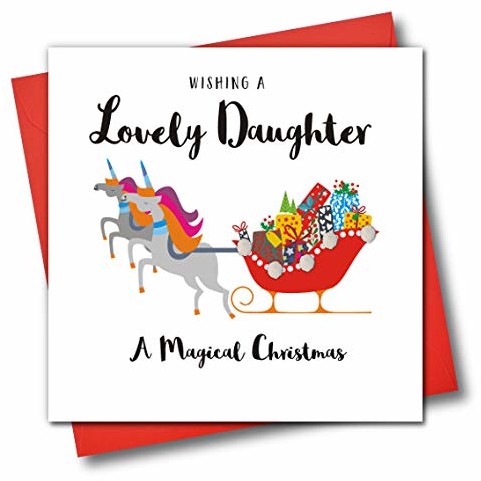 Claire Giles Upiększona świąteczna kartka z życzeniami, 'Wishing A Lovely Daughter' magiczne Boże Narodzenie, jednorożec sanie JOL024