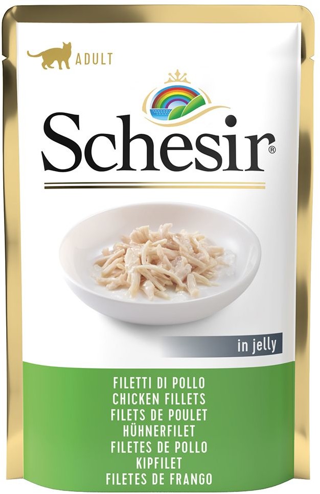 Schesir 20 + 4 gratis! w galarecie, saszetki, 24 x 85 g - Paski z kurczaka w sosie