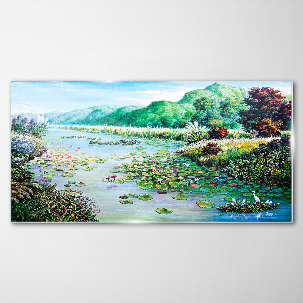 PL Coloray Obraz na Szkle rzeka drzewa kwiaty wzgórza 120x60cm