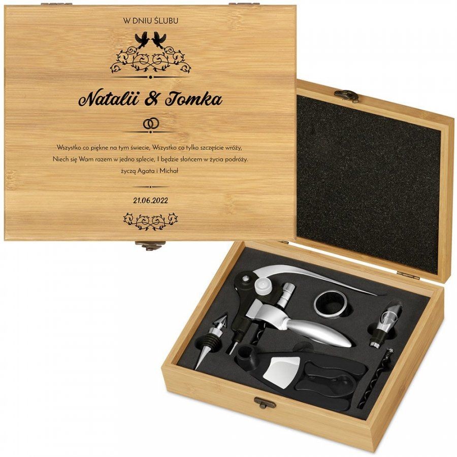 Murrano Personalizowany Zestaw Akcesoriów Do Wina Deluxe Ślubny ZDW3-017