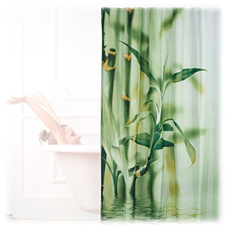 Relaxdays Zasłona prysznicowa  bambusowym designie, poliester, tekstyliów, można prać w temperaturze  °, roślina, materiału, 200 x 180 cm, kurtyna wannowa, zielony 10020754