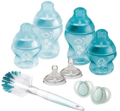 Tommee Tippee Closer to Nature zestaw startowy butelek dla niemowląt, naturalnie ukształtowany smoczek z zaworem zapobiegającym kolce, różne rozmiary, niebieski
