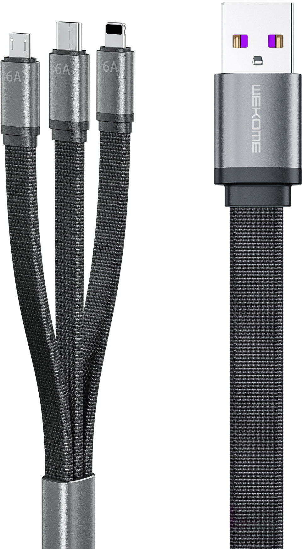 Wk Design kabel 3w1 do szybkiego ładowania / transmisji danych USB - USB Typ C / Lightning / micro USB 6A czarny (WDC-157th)