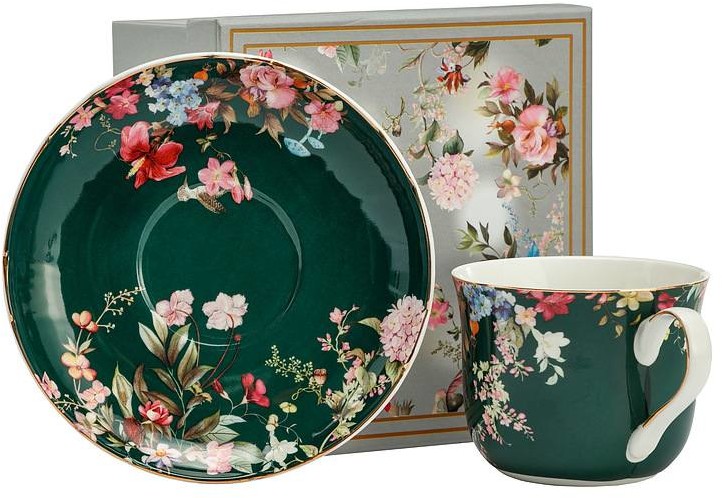 Marco Polo SJ Filiżanka Do Kawy I Herbaty Porcelanowa Ze Spodkiem Wiosenne Kwiaty Ciemnozielona 400 Ml