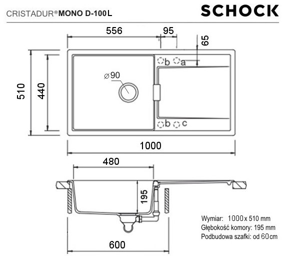 Schock Mono D-100L Zlewozmywak granitowy jednokomorowy 100x51 cm Cristadur silverstone MOND100LSIL