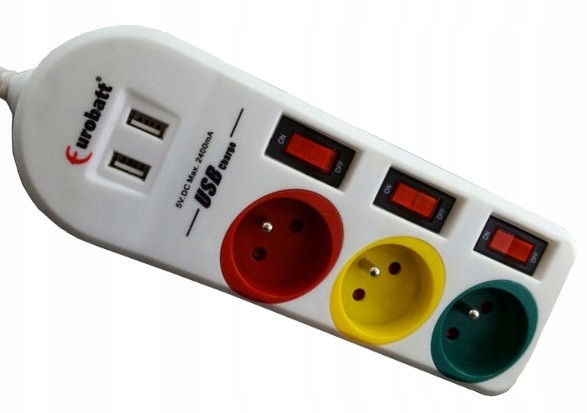 Listwa zasilająca przedłużacz 3 gniazda 2 Usb 1,5m