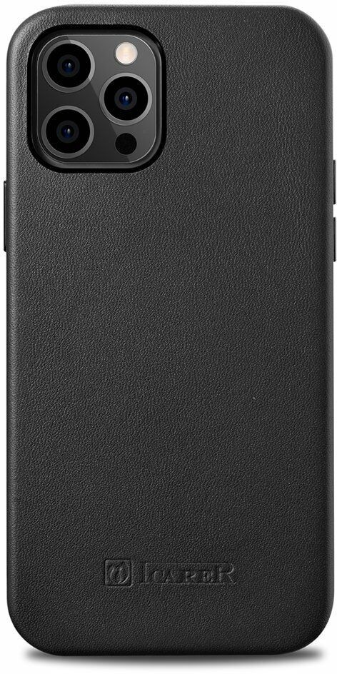 ICARER Case Leather pokrowiec etui z naturalnej skóry do iPhone 12 Pro Max czarny (WMI1217-BK) (kompatybilne z MagSafe) WMI1217-BK