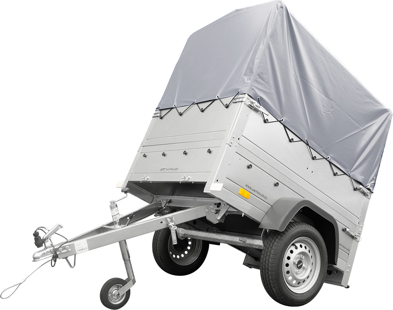 UNITRAILER Przyczepa GARDEN TRAILER 150 KIPP (NEW) z kołem podporowym, burtami bis i stelażem H-800 z pokrowcem szarym UT004175