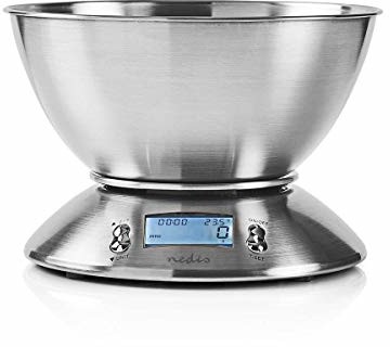 Nedis cyfrowa waga kuchenna podświetlany wyświetlacz LCD czujnik temperatury budzik wyjmowana miska do 5 kg 2 x baterie AAA metal