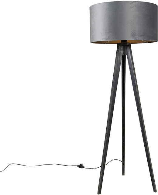 QAZQA Lampa podłogowa statyw czarny z kloszem szary 50 cm - Tripod Classic