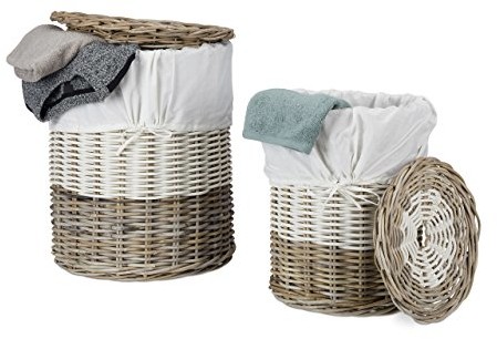 Relaxdays kosz na bieliznę z rattanu,-częściowy zestaw, imponujący wygląd, zdejmowana pokrywka, biała tkanina wkładka z plecionki, naturalny/biały 10021501_186