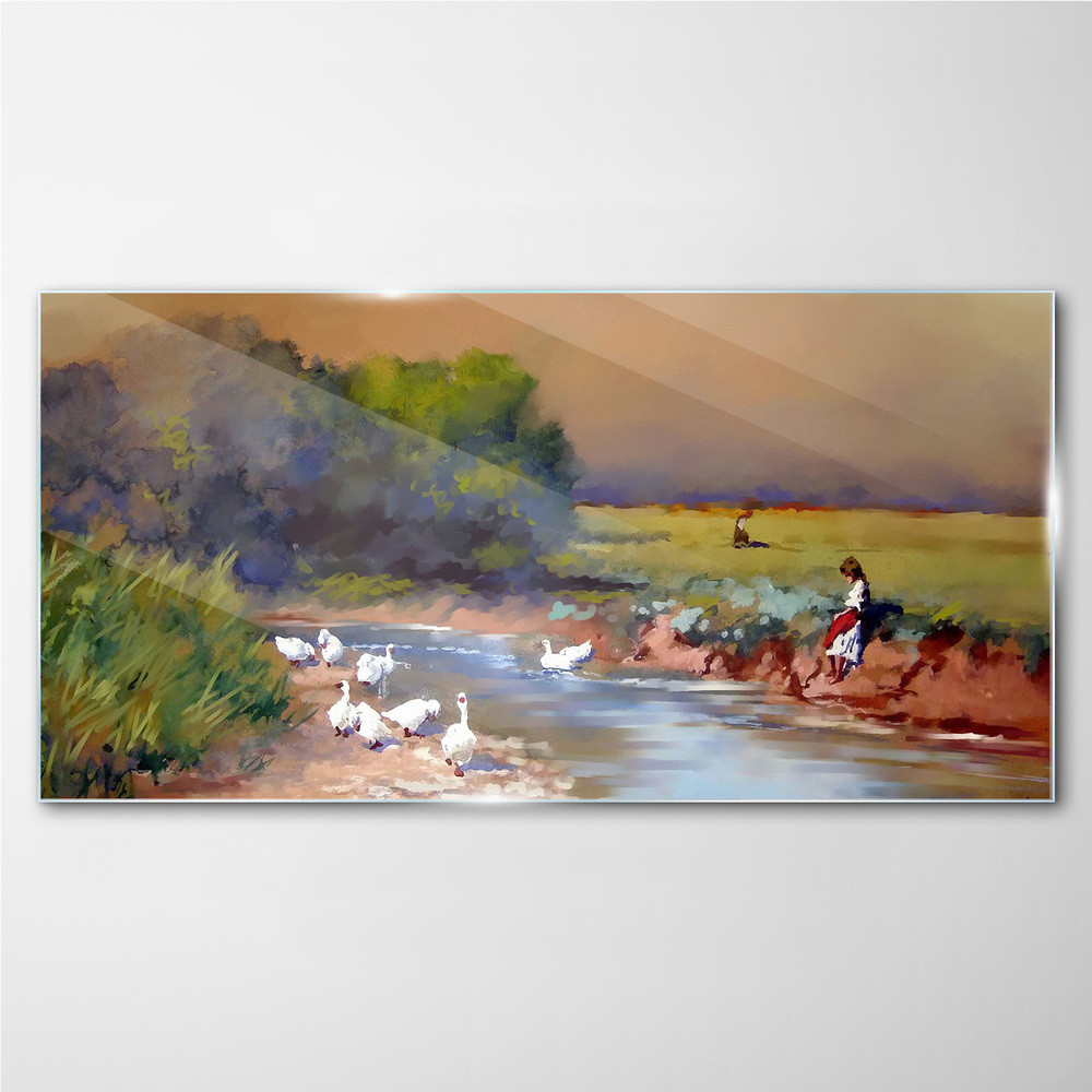 PL Coloray Obraz na Szkle malarstwo gęsi wieśniacy 120x60cm