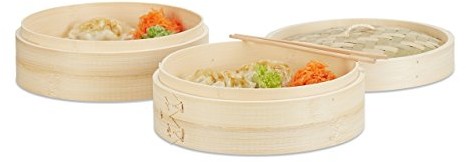 Relaxdays Amortyzator  bambus 3-częściowy, 2 pary kosze z pokrywką f. ryżu U. DIM SUM, szybkowar parowy o średnicy 24 cm, naturalny 10022165