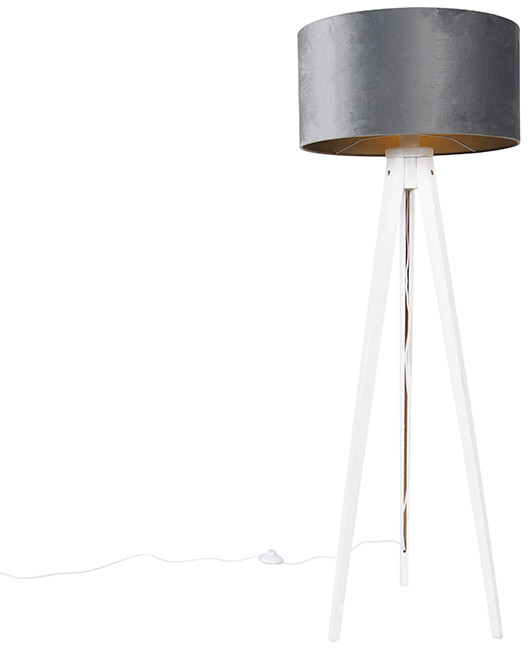 QAZQA Nowoczesna lampa podłogowa statyw biały z szarym kloszem welurowym 50 cm - Tripod Classic
