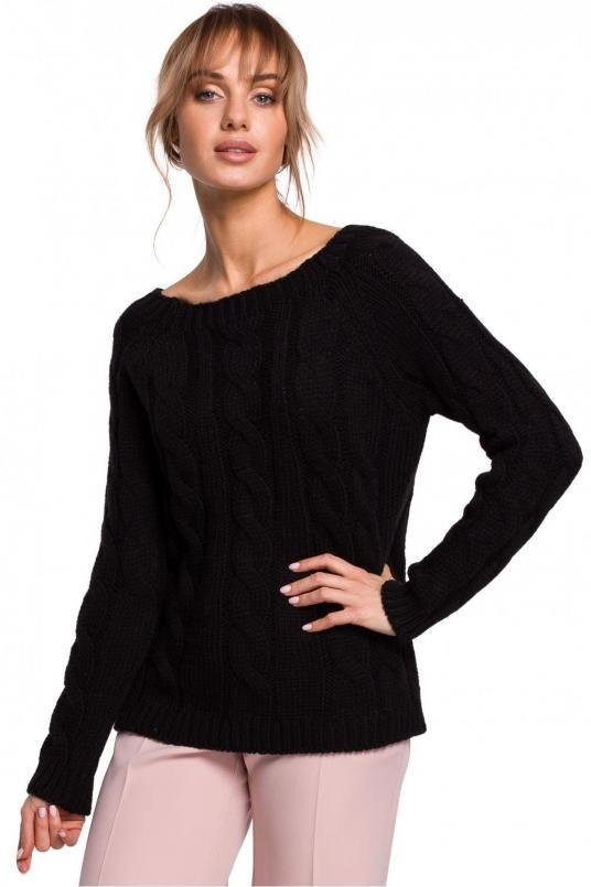 SukienkiShop Sweter damski ażurowy ze splotem typu warkocz czarny - SukienkiShop