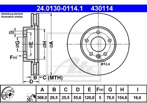 ATE TARCZA HAM 24.0130-0114.1 VW MULTIVAN V 1.9TDI, 2.0, 2.5TDI 03-, TOUAREG 2.5 R5 TDI 03-, TRANSPORTET5 1.9TDI, 2.5TDI 03-  24.0130-0114.1