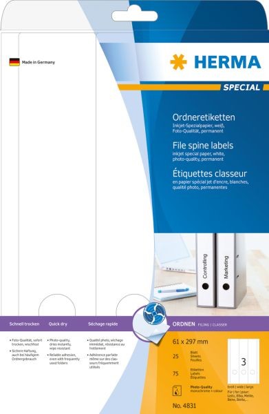 Herma Inkjet Ordneretik. A4 wei 61x297 mm Papier 75 St. - 4831