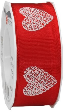 Pattberg Na prezent 40 MM 20 m taśma CUORE  schaumbedrucktes z drutu, czerwony 7634020-609