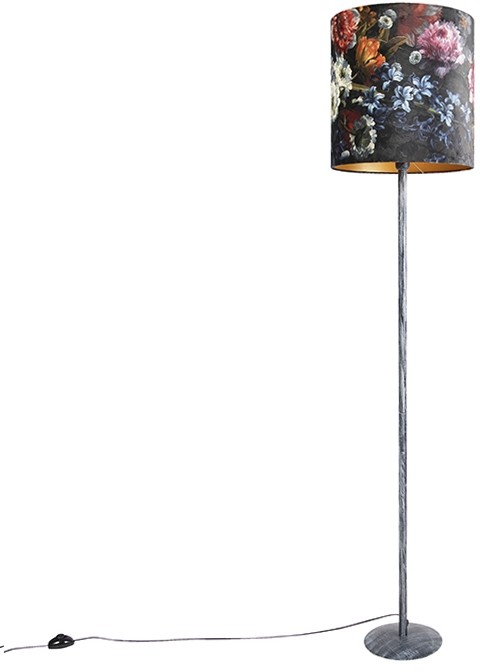 QAZQA Lampa podłogowa vintage antyczny szary z kwiatowo-złotym kloszem 40cm - Simplo 98112