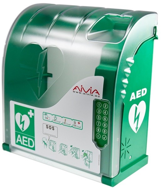 PROJEKT AED AIVIA 210 IN - szafka na AED do zastosowań wewnętrznych INDOOR, alarm świetlny, podświetlenie - 423x388x201 mm.