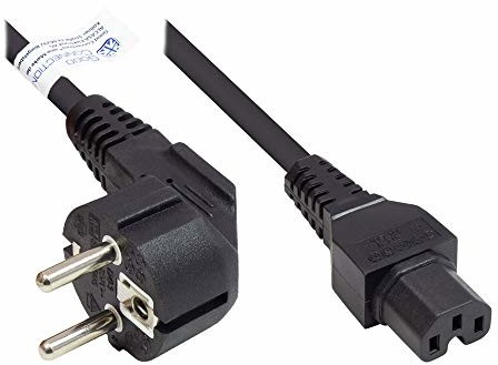 Good Connections P0150-S030 kabel sieciowy, 3 m, wtyczka ze stykiem ochronnym typu E+F (CEE 7/7, kątowe) do gniazda grzejnika C15 (prosta), kabel do urządzeń ciepłych, 1,00 mm2 czarny