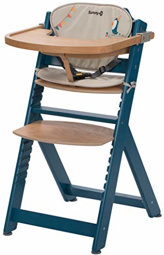 Safety 1st 2760702000 Safety 1st Timba, krzesełko dziecięce z drewna z pasującą poduszką do siedzenia, zdejmowany stół, od 6 miesięcy do ok. 10 lat (maks. 30 kg), petrol blue (niebieski), niebieski
