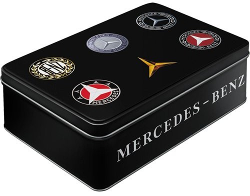 Nostalgic-Art 30746 Mercedes-Benz  logo Evolution | puszka na zapasy płaska | na ciastka-puszka do przechowywania |-Box | metall| z pokrywką na zawiasach