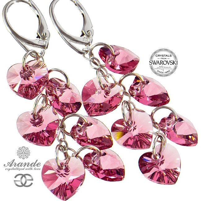 Swarovski długie kolczyki SREBRO Serce LIGHT ROSE