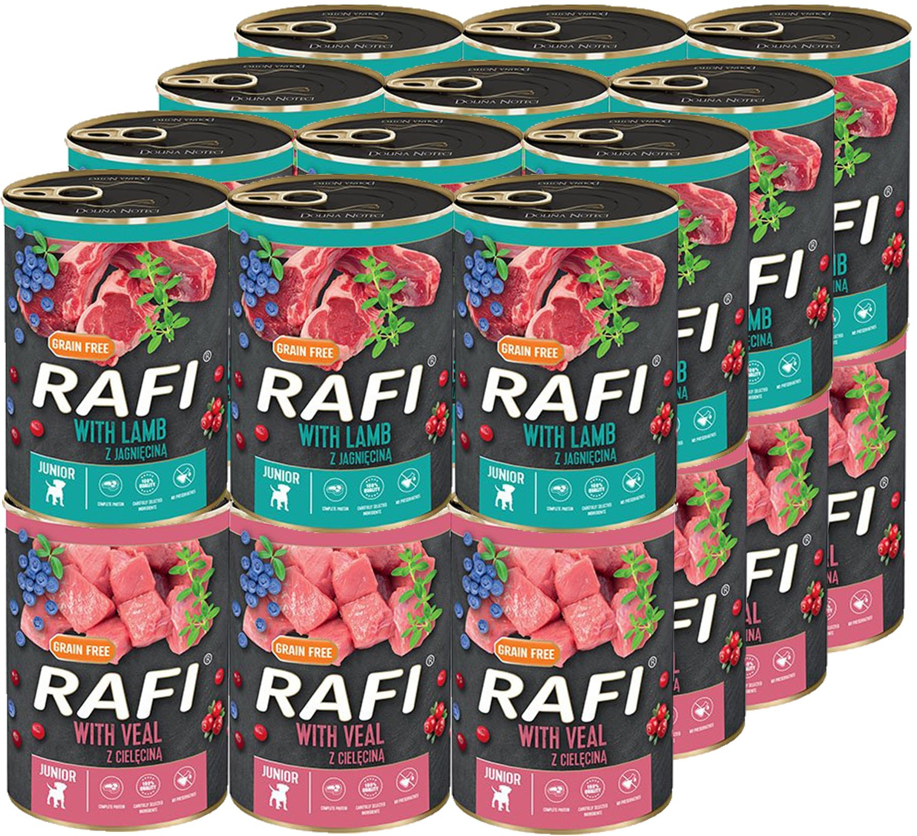 Dolina Noteci (RAFI) Rafi Junior CIELĘCINA / JAGNIĘCINA Zestaw Puszek MIX SMAKÓW 24 X 400g  od 95zł +DO 3% ZWROTU W PROGRAMIE LOJALNOŚCIOWYM ZEST-RAFI-JUN-400-24
